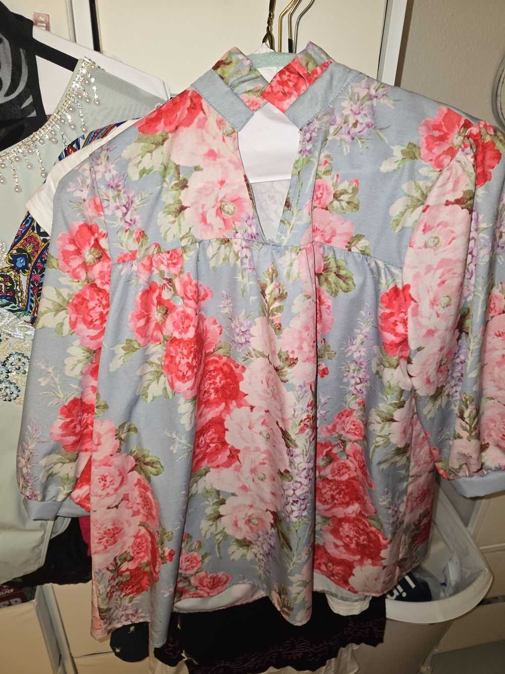 Floral Puff-Sleeve Blouse in Light Blue and Pink